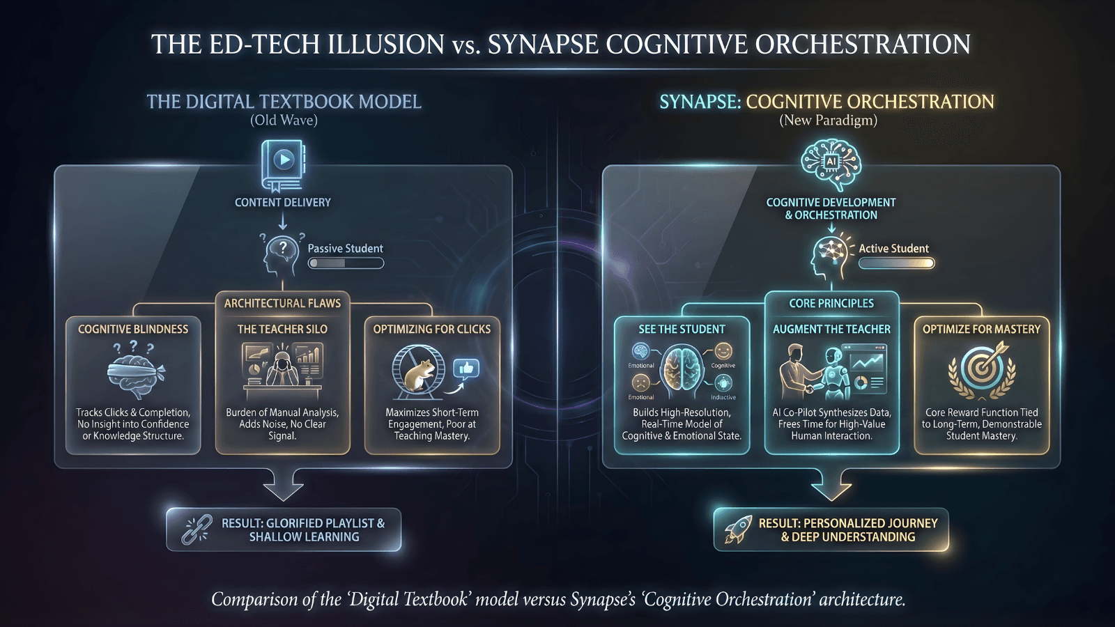 Comparison of the 'Digital Textbook' model versus Synapse's 'Cognitive Orchestration' architecture.