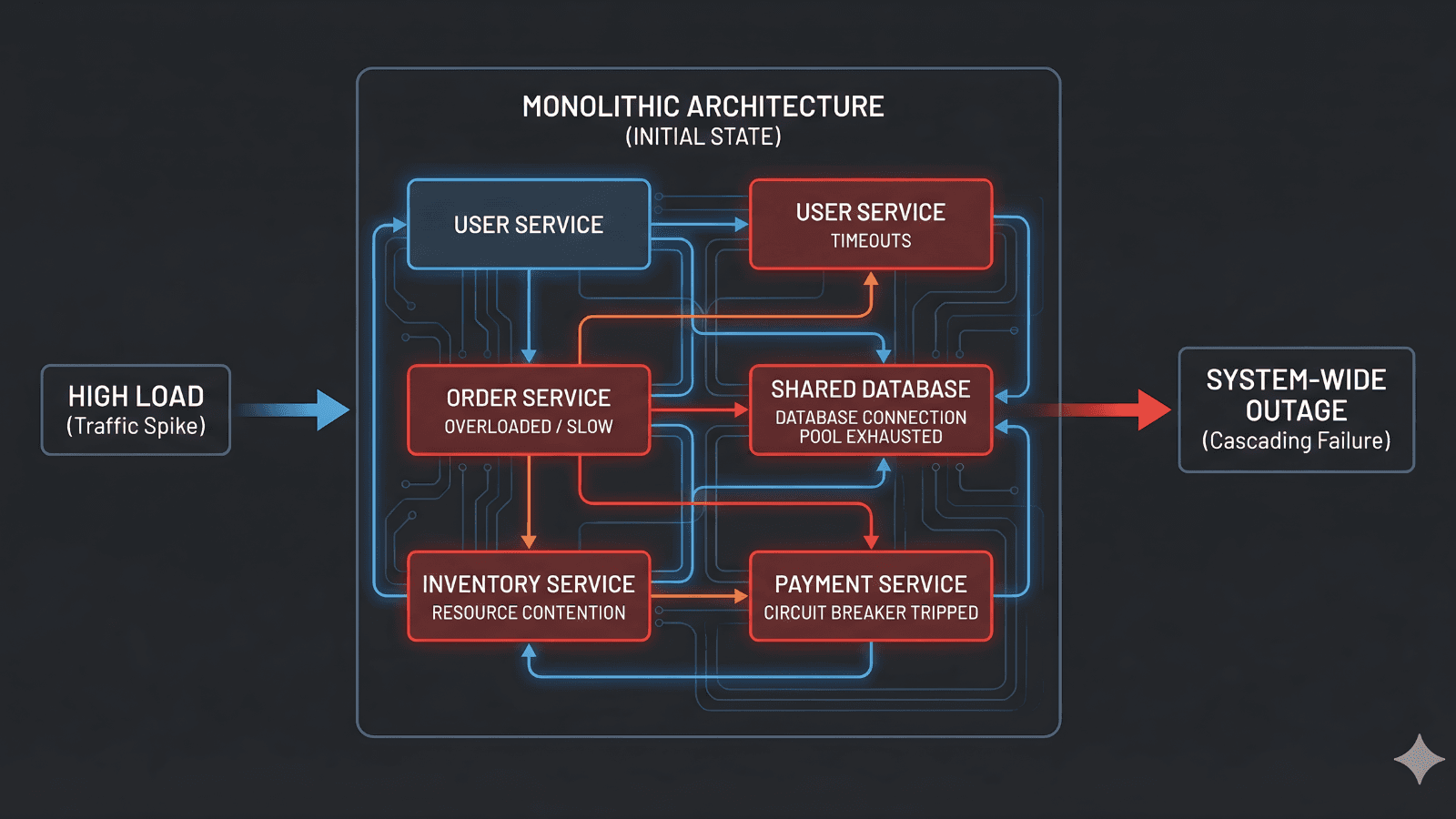 Diagram illustrating the cascading failure modes of the initial monolithic architecture under high load.